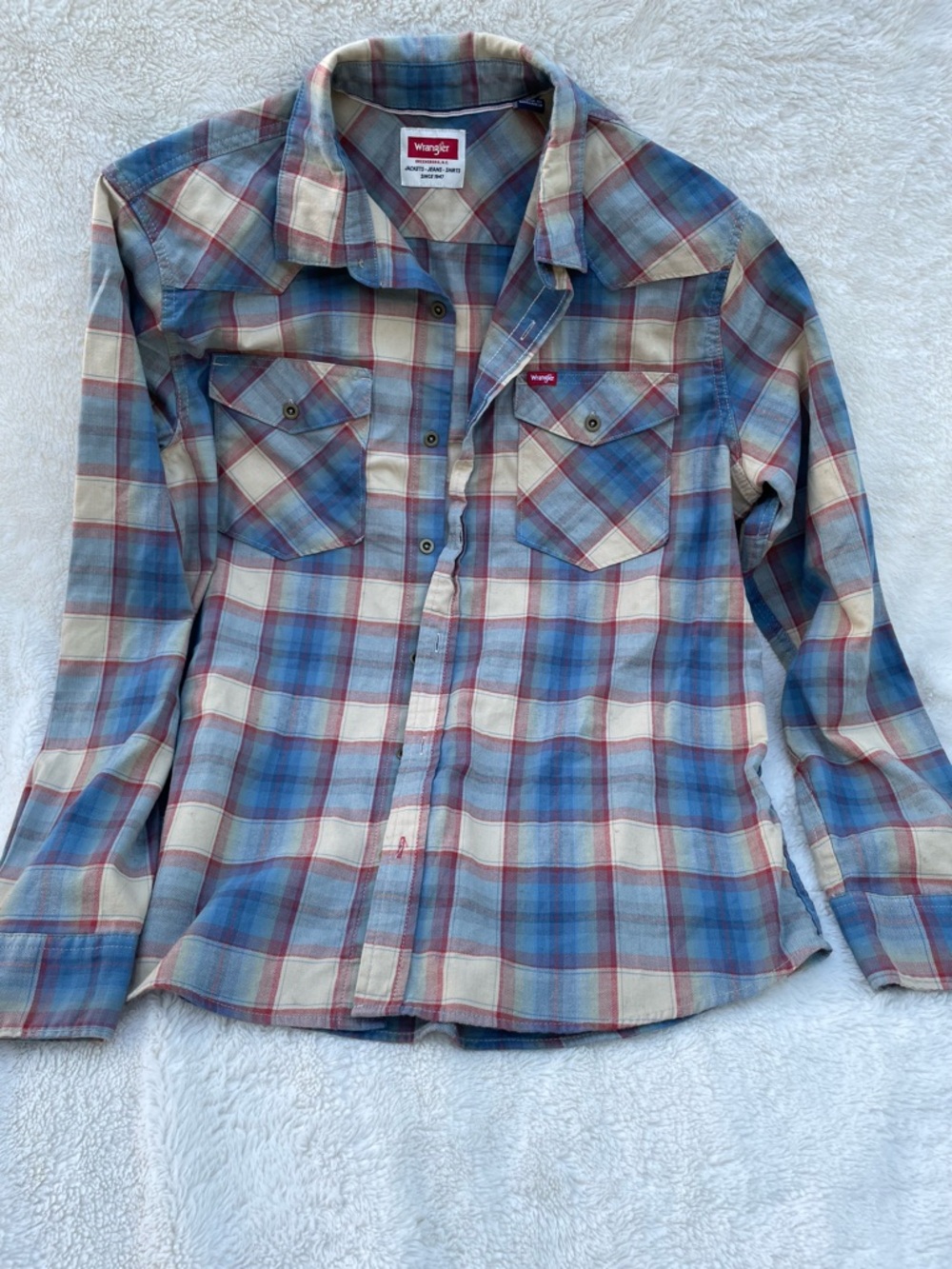Wrangler Blue, Cream & Red Plaid Western Shirt